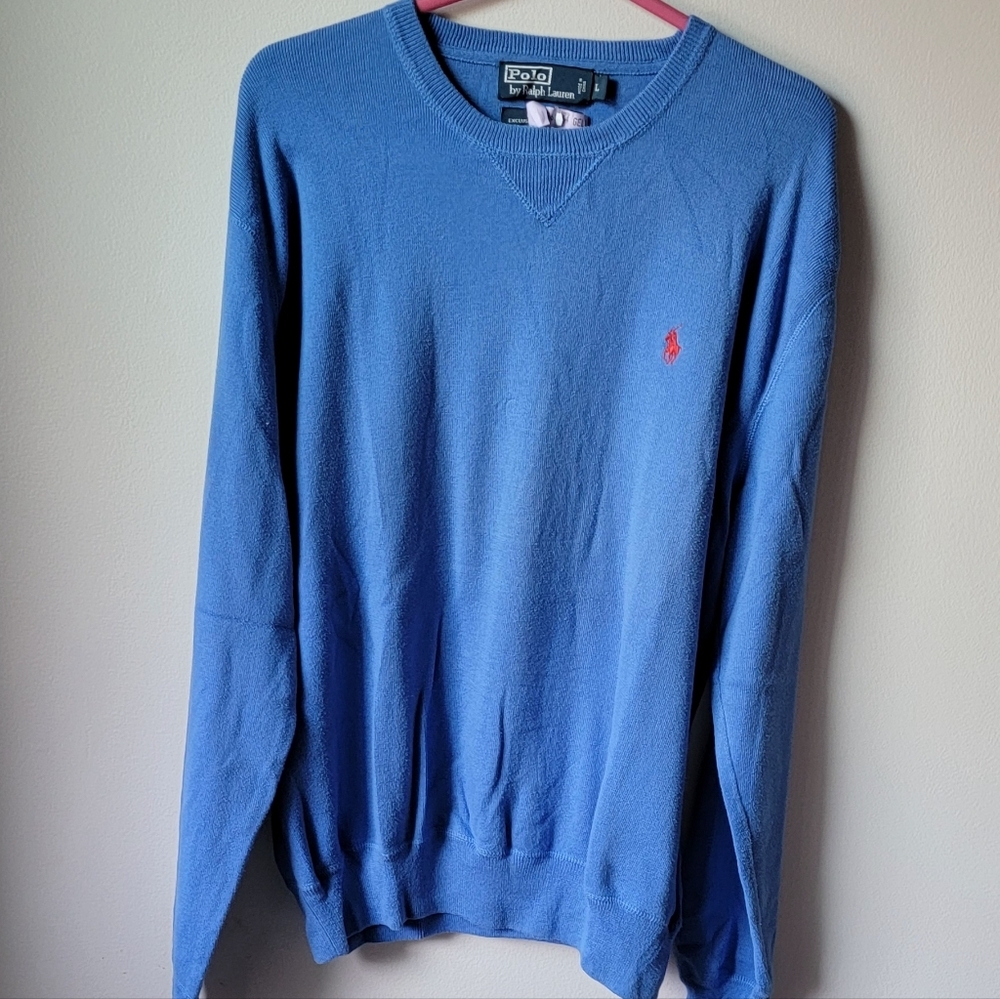 Polo Ralph Lauren Men's Blue Sweater, V-Neck, Cotton, Size L.